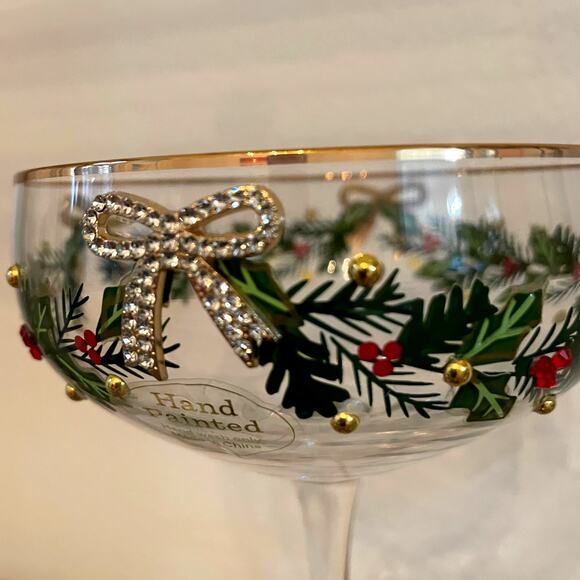 Christmas COUPE GLASSES Hand Painted & Jeweled Gold Bows Holly Garland Set of 2 - Picture 11 of 13